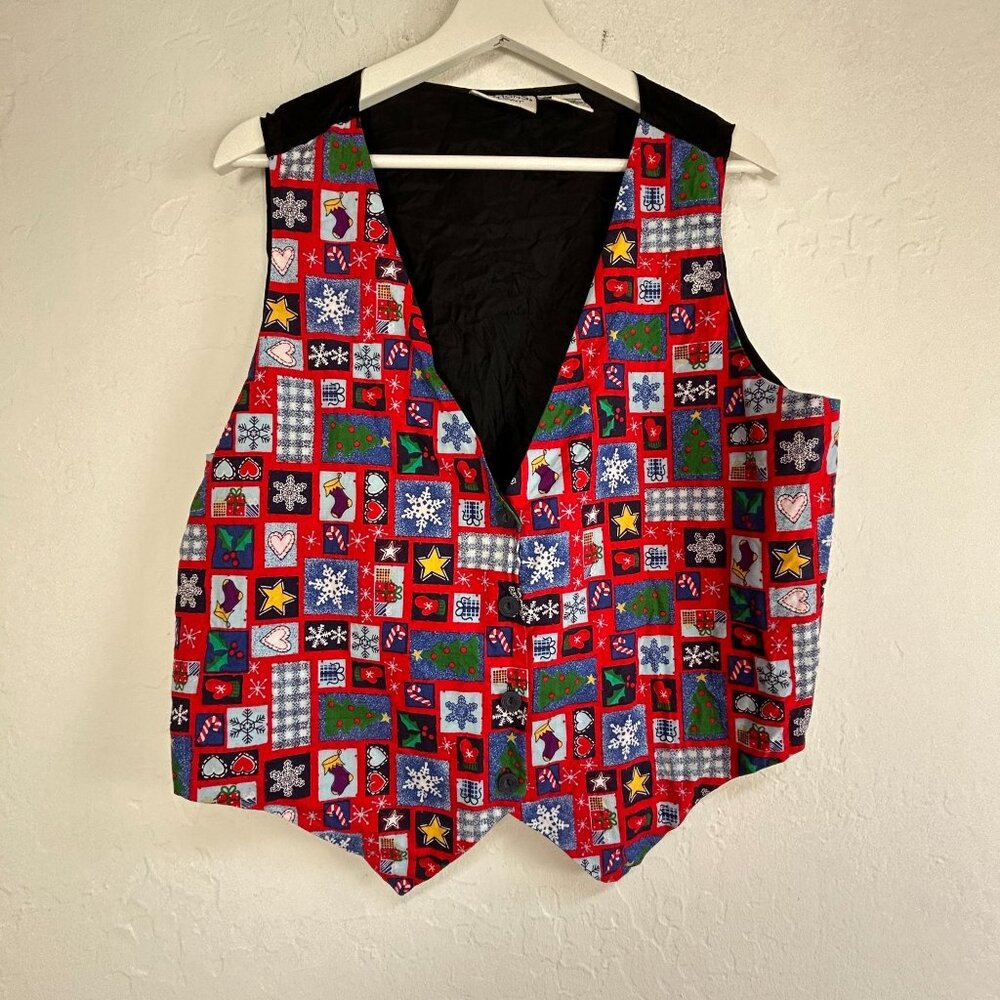 Basic Editions Holiday Womens V-Neck Vest XL Red Christmas Print Cotton Holiday